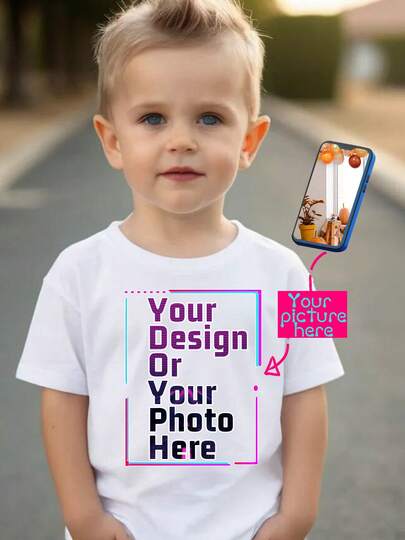 Customizable Print Photo Or Design T-Shirt, Boys Children Sports Casual Short Sleeve Top, Fast Shipping, Color: White