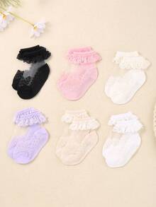 Six Pairs Of Lace Socks For Baby Girls. These Are Breathable, Comfortable And Refreshing Short Socks For Summer, Suitable For Cute Babies Aged 0 To 3 Years Old. They Are Princess-Style Socks With Lace Edges. - Multicolor - View 6