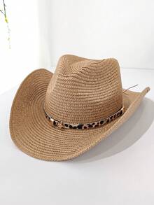 Unisex Boho Leopard Print Decorated Western Style Straw Hat, New Spring/Summer Woven Cowboy Cap, Knight Hat, Beach Vacation Sun Hat, Jazz Hat - View 2
