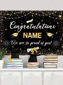 1pc Personalized Black And Gold 2025 With Customizable Name Graduation Party Special Customized Name Banner, Durable Fabric For Photography Background, Congratulations Graduation Banner, Graduation Party Decoration Photo Booth Props, Graduation Poster, Ceremony, Prom, No Electricity Required, Three Sizes Available