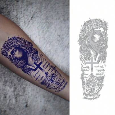 1pc Realistic Temporary Tattoo, Bold Jesus Cross & Makeup Design, Waterproof Sweatproof Reflective Tattoo Sticker, Single Use Lasts 5-12 Days