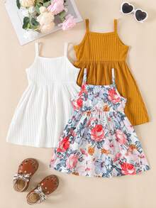 3pcs/Set Baby Girls Floral Print Sleeveless Dress + Solid Color Ribbed Button Strap Dress - Multicolor - View 2
