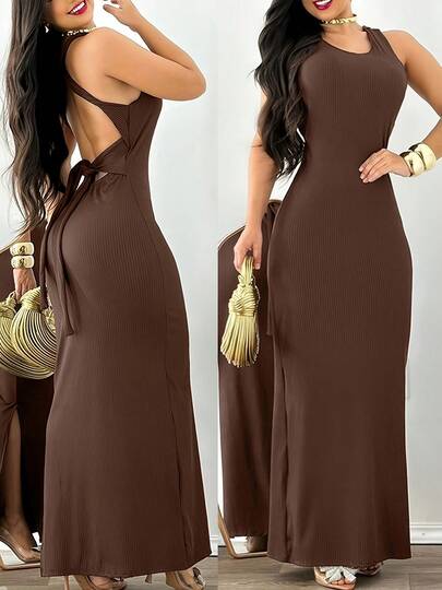 Elegant Brown Sleeveless Midi Dress For Women - Chic Tie-Waist, Crew Neck, Ribbed Knit, Slimming Silhouette, Machine Washable, Polyester & Spandex Blend