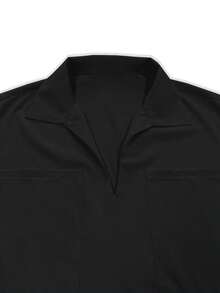 Plus Size 2 Pieces Set With Collar, Pocket Casual Loose Blouse + Long Loose Pants - Black - View 3