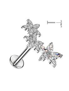 1 Pc Premium Luxury Flower Shaped Cartilage Tragus Earring Stud With Synthetic Zirconia Stone, Fine Needle Push-In Flat Base Piercing Jewelry, Party/Dating Gift - Flowers - View 5