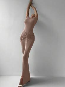 女士 2 件装优雅红色修身高弹力情人节短袖紧身衣，带荷叶边松紧腰长裙，适合春夏约会 - 灰粉紅色 - 查看 6