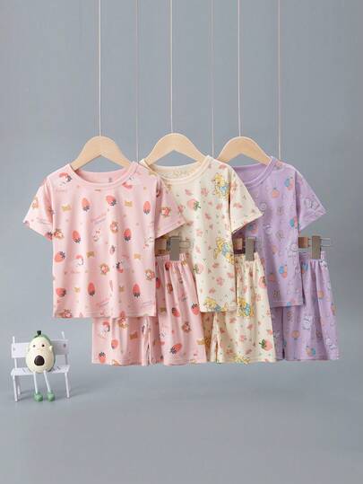 6 Stücke/Set Mädchen Cartoon Muster Kurzarm & Shorts Pyjama Set, leichte Sommerunterwäsche für Kleinkind