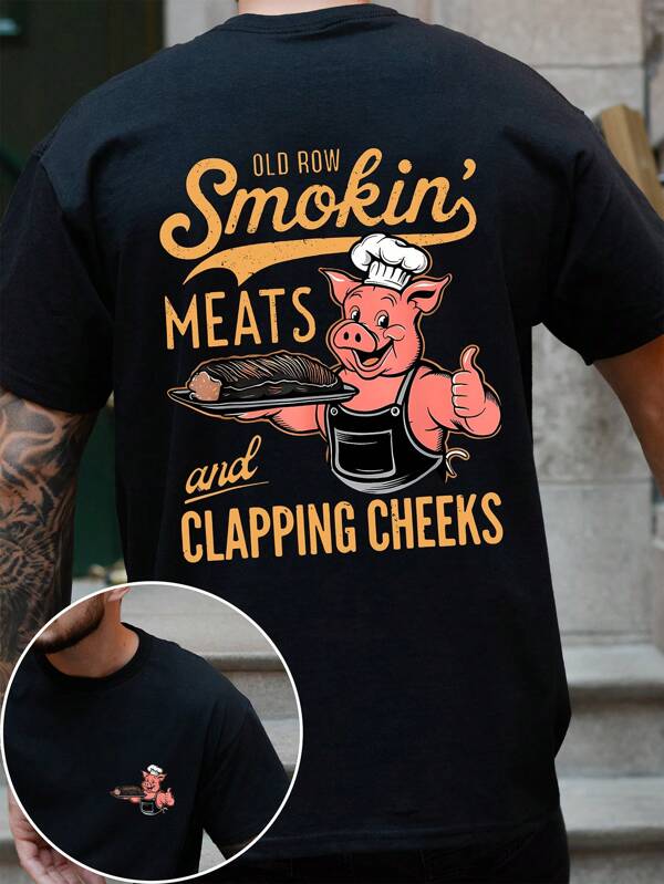 Men's Fashion Red Pig Chef Letter Graphic Print T-Shirt