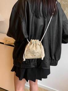 Retro Casual Shoulder Drawstring Bucket Bag For Women - Khaki - View 4