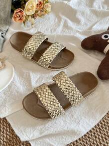 1 par de chanclas de verano promoción color marrón tierra, resistentes al desgaste, de moda y sencillas, con suela blanca gruesa, para niñas de 3 a 12 años, adecuadas para uso interior y exterior, con diseño trenzado de doble hebilla dorada