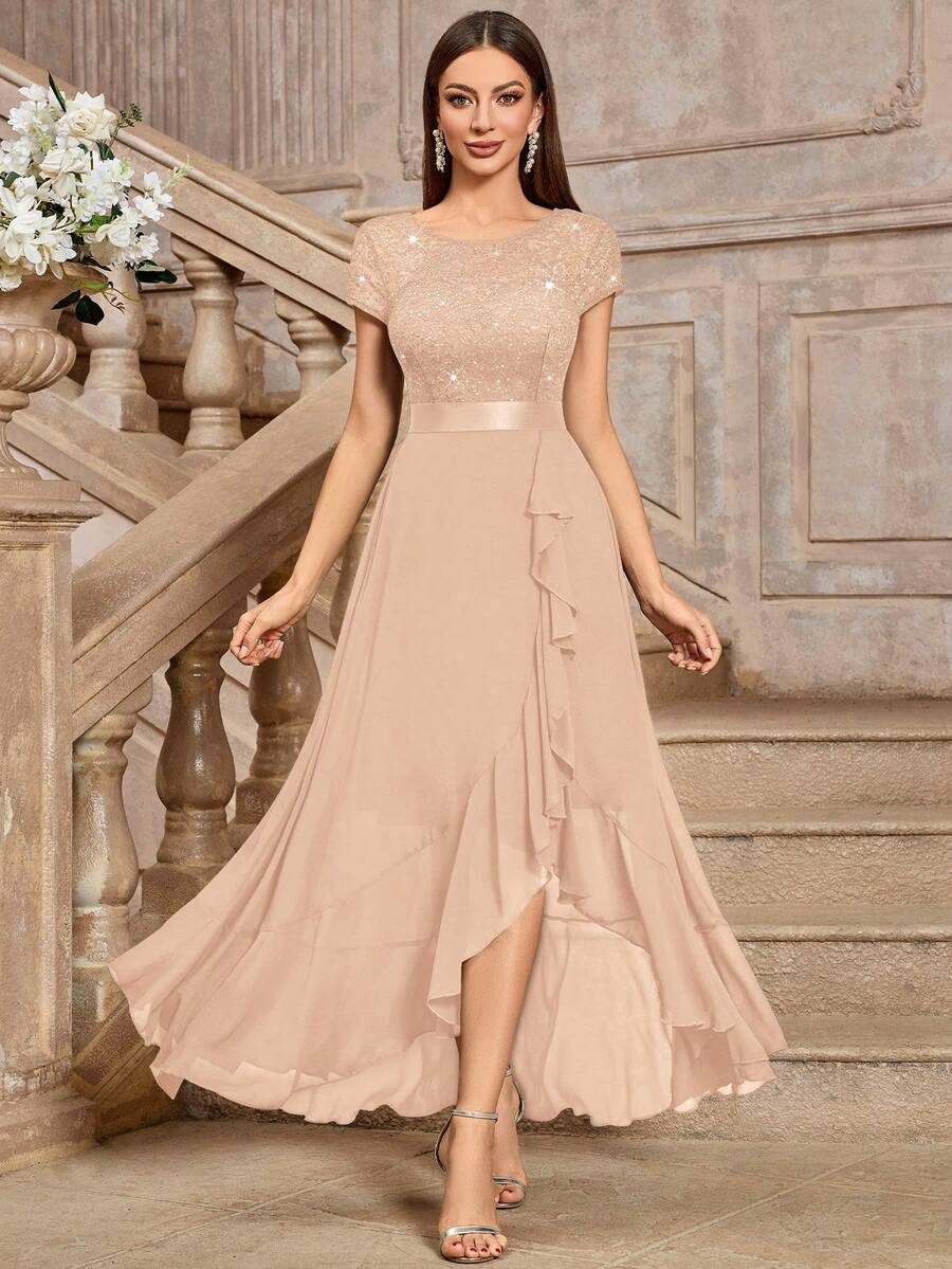 MIUSOL Đầm dạ hội maxi tay ngắn xếp tầng bằng chiffon đính sequin và ren hoa phối màu tương phản, kiểu dáng thanh lịch mùa hè.
