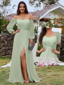 EVERPRETTY Elegant Spring Sweetheart Neck Off Shoulder Split Thigh Chiffon Mint Green Bridesmaid Dresses Formal Dress - Mint Green - View 7