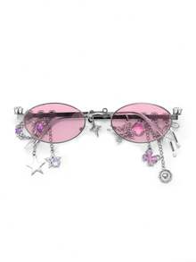 1pc Oval Shaped Metal Fashion Glasses, Luxurious Rhinestone Inlaid Butterfly Heart Star Pendant, Y2K Personalized Versatile Street Photography Women's Fashion Glasses - 彩色 - 查看 13