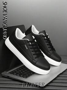 Men's Minimalist Style Black Detail Lace-Up Casual Sneakers, Comfortable Outdoor Sports Trainers
