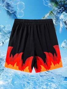 Black And Gold Flame Graphic Basketball Shorts, Size 32, Breathable Quick-Dry Fabric, Fashionable Sports Shorts Suitable For Summer Cooling, A Powerful Weapon On The Court And Street Fashion Leader