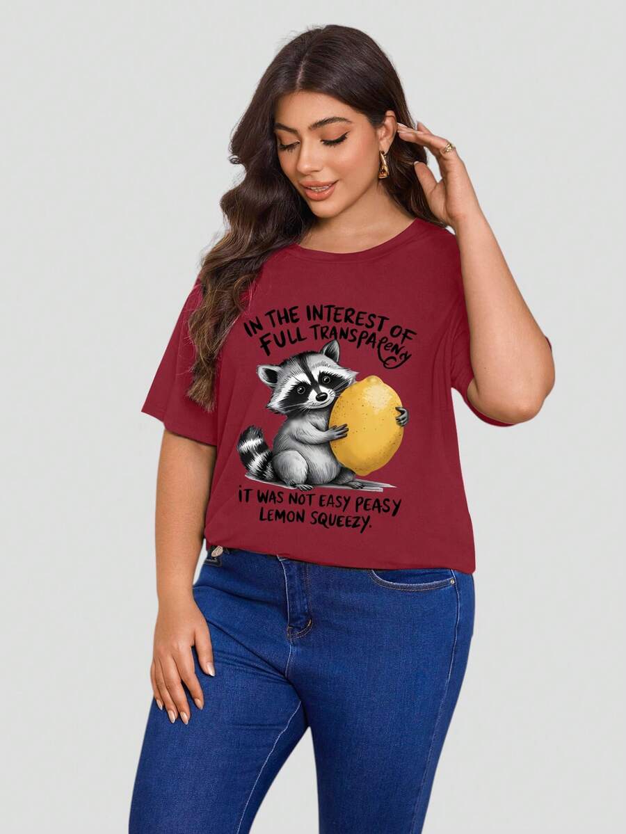 大码女式宽松 T 恤运动衫、完全透明、柠檬挤压衬衫、搞笑讽刺浣熊 T 恤、搞笑表情包衬衫 - 酒紅色 - 查看 1