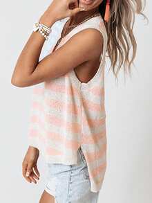 Acelitt Summer 4th Of July Independence Day Beige American Flag Slit Collar Loose Sweater Vest Spring - Multicolor - View 3