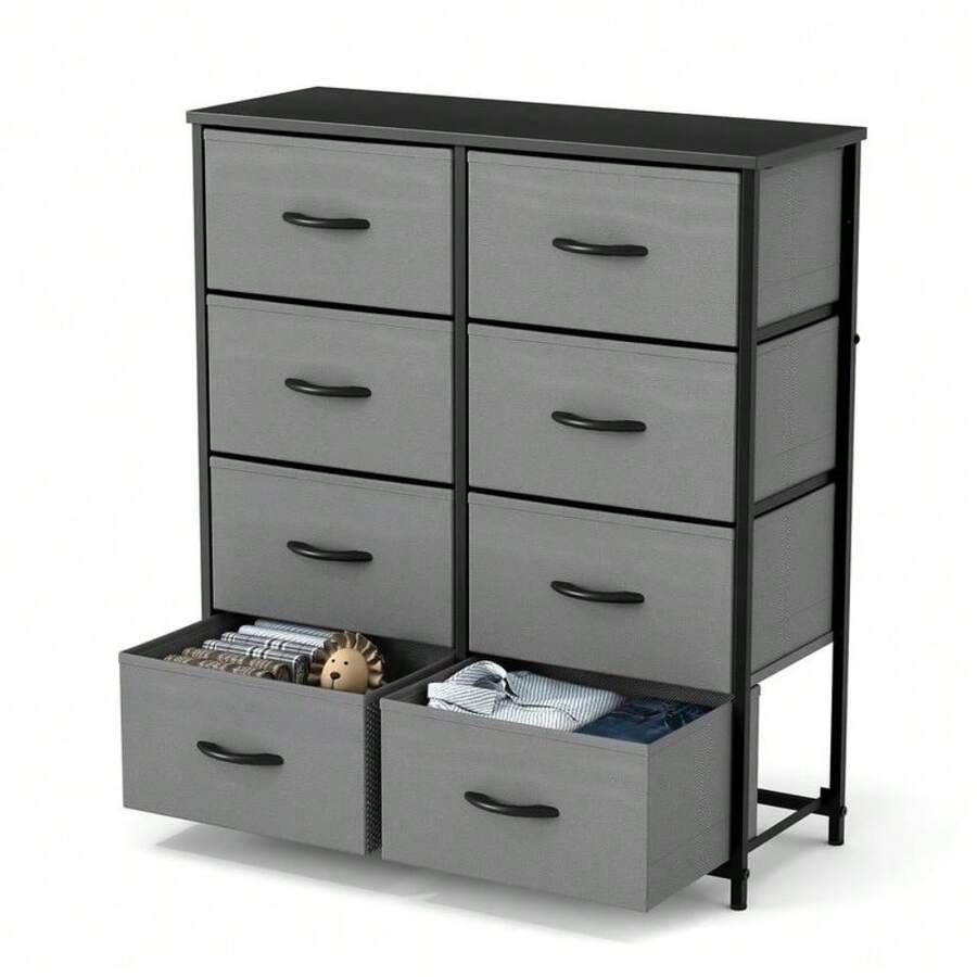 Dresser For Bedroom Drawer Dresser Organizer Storage Drawers Fabric Storage Tower, Chest Of Drawers With 8 Fabric Bins, Steel Frame, Wooden Top - Grey - View 1