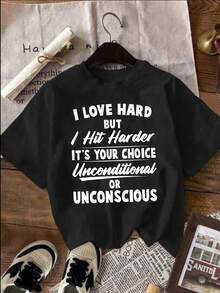 標語圖案圓領T恤 - 黑色 - 查看 5