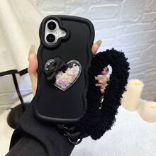 1 pieza Funda de teléfono con forma de caramelo, textura suave con goteo de aceite ondulado, diseño adorable de corazón y lazo, compatible con iPhone 16/Redmi Note 11 4G/Galaxy A55/Infinix Note 30/Moto E30, con ranura oculta para tarjeta y cordón, resistente al agua, a los golpes y a los arañazos