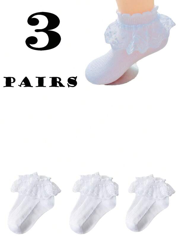 3 Pairs Kids Lace Trim Socks, White, Lace Edging, Suitable For Dance Parties, Outdoor Scenes & More, Comfortable Non-Binding Design, Fashionable And Versatile Short Socks