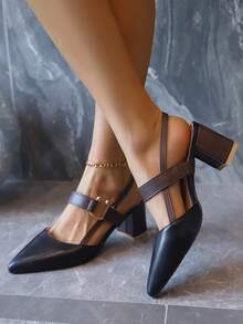 Faux Fur Slipper Mules, New French Style Pointed Toe Metallic Strap High Heel Slide Sandals - Black - View 2