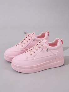 Beige Fashionable Versatile Slip-On Platform Thick Bottom Wedge Sneakers For Women, Suitable For Spring & Autumn - Pink - View 5