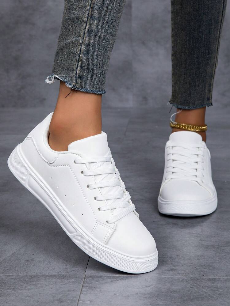 Zapatillas blancas para mujer con detalles decorativos y diseño de cordones, zapatos deportivos de estilo casual - Blanco - Añade 5