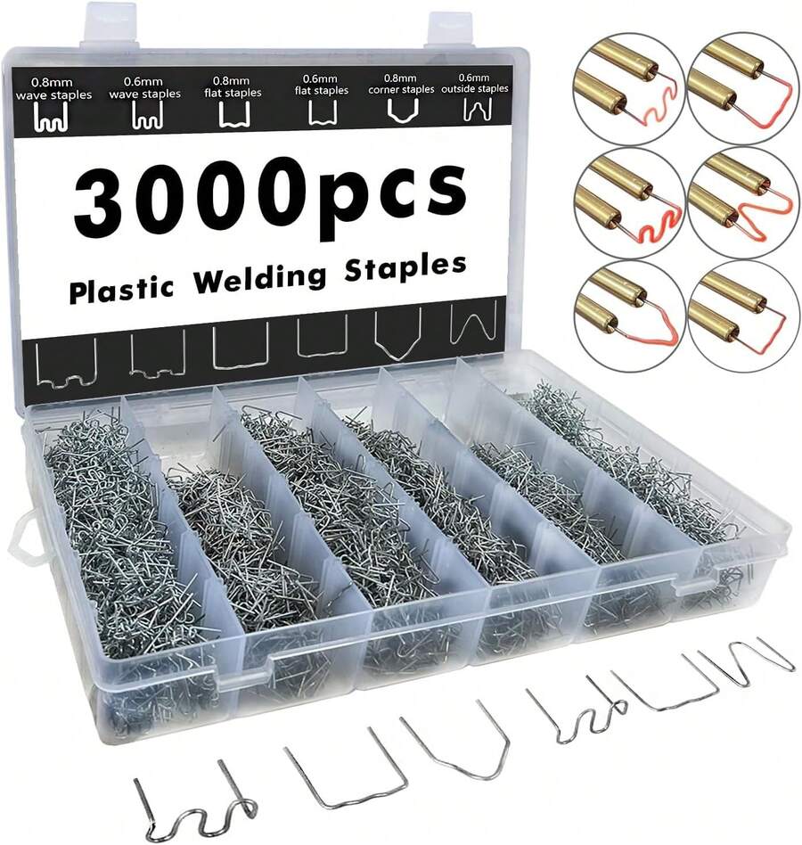 3000 PCS Plastic Welder Kit, 6 Different Shapes Of Plastic Welding Nails, Hot Melt Nails. Welding Rods (With Storage Box) For Car Bumpers, Instrument Panels, Light Sockets Decoration, Car Repair, Building Models, Toy Manufacturing, Etc. - 銀色 - 查看 1