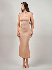 Andrea Bello 1pc Women's Minimalist Elegant Textured Spaghetti Strap Slip Dress, Summer