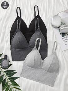 3 UNIDADES Tirantes cortos con escote en V profundo para la espalda bonita de las mujeres en verano, triángulo francés casual y sencillo, ropa interior acanalada, sin aro de acero, sujetador deportivo de unicolor con gran escote en U para un solo conjunto de ropa interior