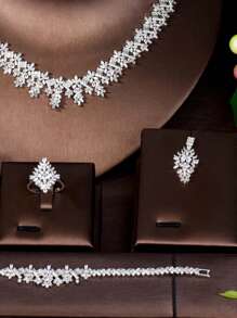 1 Set Elegant Cubic Zirconia Floral Design Jewelry Set, Suitable As Birthday Gift For Women