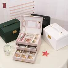 1pc Luxury Leather 3-Drawer Jewelry Box, Travel Carrying Jewelry Organizer For Earrings, Necklaces & Other Accessories With Lock