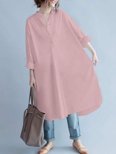 Women's Solid Button Front Curved Hem Shirt Dress Long Sleeve Fashion Casual For Spring, Autumn