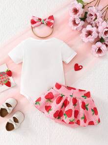 女婴草莓印花 + 草莓印花裙 + 蝴蝶印花发圈连体衣套装 - 彩色 - 查看 2