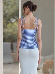 Women's Fitted Cami Tops Sleeveless Lace Trim Plaid Print Slim Fit Camisole Tank Tops - 藍色 - 查看 5