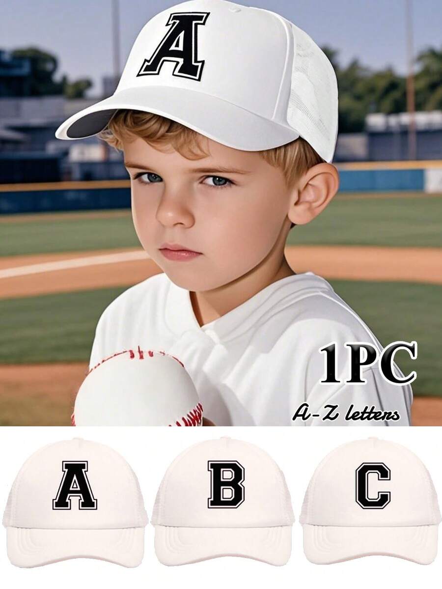 1 Kids White Baseball Caps 26 Letters Printed Baseball Caps, Outdoor Recreational Activities Sunscreen Breathable And Quick Drying, Suitable For Spring And Summer Daily Outdoor Use, Campus Activities - White - View 1