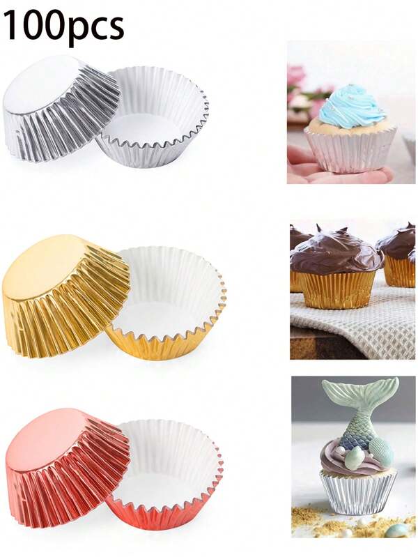 100pcs Aluminum Foil Cupcake Baking Cups - Oven Mini Cake Cup Holder,Baking Cups, Heat Resistant Paper Cups, Cupcake Liners For Baking, Disposable Creme Brulee Ramekins In 3 Colors, For Wedding, Birthday, Weekend, Party, Mother'S Day And Easter Kitchen Supply