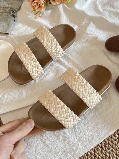 夏季促销 大地棕色女童耐穿拖鞋，时尚一体式简约白色厚底凉鞋，适合3-12岁女孩，室内外休闲纯色编织设计拖鞋