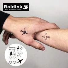 Boldink 情侣临时纹身“她的唯一。他的唯一。”文字、闪电、猫咪、心形图案，防水，持久 1-2 周，哑光，无缝，适合日期、周年纪念，多种款式可选 - 黑色 - 查看 4