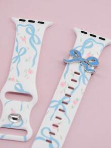 1PC Blue Bow Style Silicone Smart Watch Band Compatible With Apple Watch Band Women 49/46/45/44/42/41/40/38mm,Stylish Printed Strap With Bow Charms Dressy Wristband For Watch Bands Compatible With Apple Series 10 Ultra 2 9 8 7 6 5 4 3 2 SE Compatible With Apple Watch Accessories