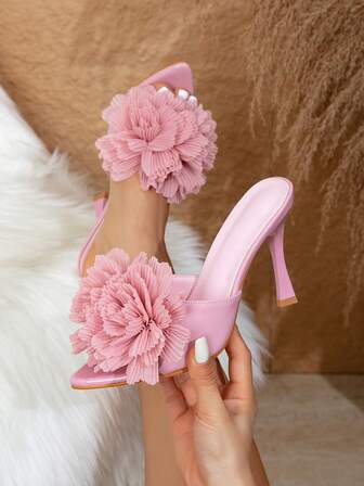 新款女士粉色 PU 尖头水钻装饰凉鞋高跟鞋，夏季