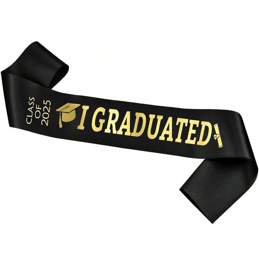 1 pieza Banda de graduación 2025 con letras doradas brillantes "Me gradué" para fiesta de graduación 2025, accesorios para ceremonia de celebración, utilería fotográfica, sin decoloración ni manchas, talla grande elegante en cámara (Blanco+Azul+Negro) - Multicolor - Ver 1