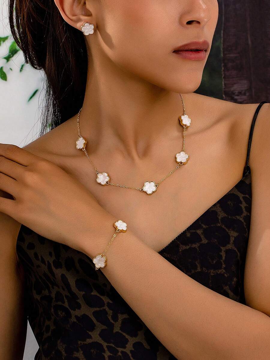 1 套时尚金色和白色幸运草项链、耳环和手链套装 - 彩色 - 查看 1