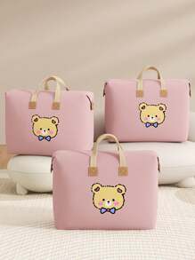 1PC Pink Large Capacity Household Clothing Storage Bag, Tie Bear Cartoon Pattern Bedding Storage Bag, Lightweight And Movable Zipper Handbag, Quilt Storage Bag, Autumn Decoration, Holiday Decoration, Room Decoration, Home Decoration, Autumn Decoration, And Bedroom Decoration
