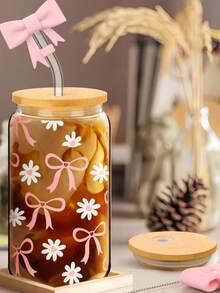 1pc Aesthetic Glass Cup With Lid & Straw Set - Pink Bow Iced Coffee Cup Decor, Cute Glass Cup Smoothie With Cleaning Brush And Gift Box, Gift For Girls And Women, 16 Oz - Multicolor - View 6