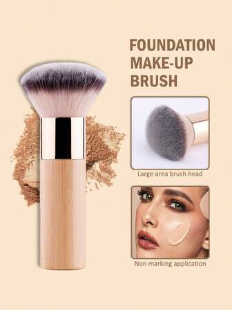 1 pieza de Brocha de maquillaje para base, color bronce, polvos sueltos, rubor en polvo, brocha Kabuki multiusos para contornear y mezclar, una herramienta de maquillaje hecha de bambú