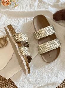 1 par de chanclas de verano promoción color marrón tierra, resistentes al desgaste, de moda y sencillas, con suela blanca gruesa, para niñas de 3 a 12 años, adecuadas para uso interior y exterior, con diseño trenzado de doble hebilla dorada