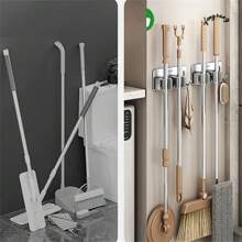 1pc Stainless Steel Mop And Broom Holder, Wall Mounted With Hooks, No Drilling Easy Installation, Polished Surface, Space Saving Home And Bathroom Organizer, Practical Hooks