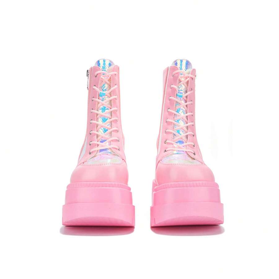Radio-HoloRise Platform Boots – Futuristic Chunky Holographic Ankle Boots - 粉色 - 查看 1